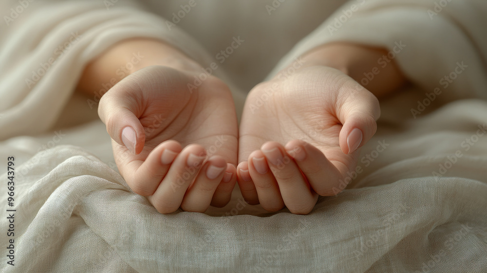 Cupped hands in soft light, wrapped in beige fabric.