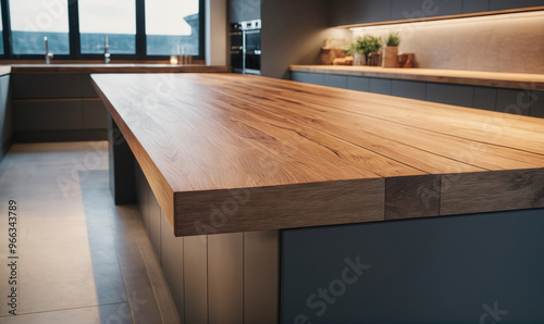 A close-up of a wooden kitchen counter in a modern home