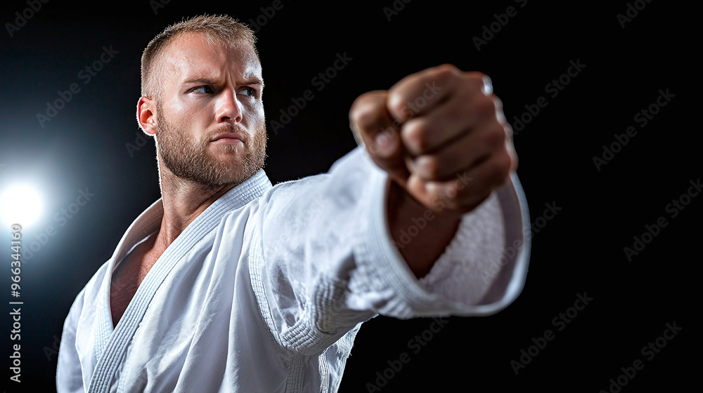 a karate instructor delivering a focused punch, with the folds of his gi moving subtly with the force of the strike a karate instructor delivering a focused punch, with the folds of his gi moving subtly with the force of the strike