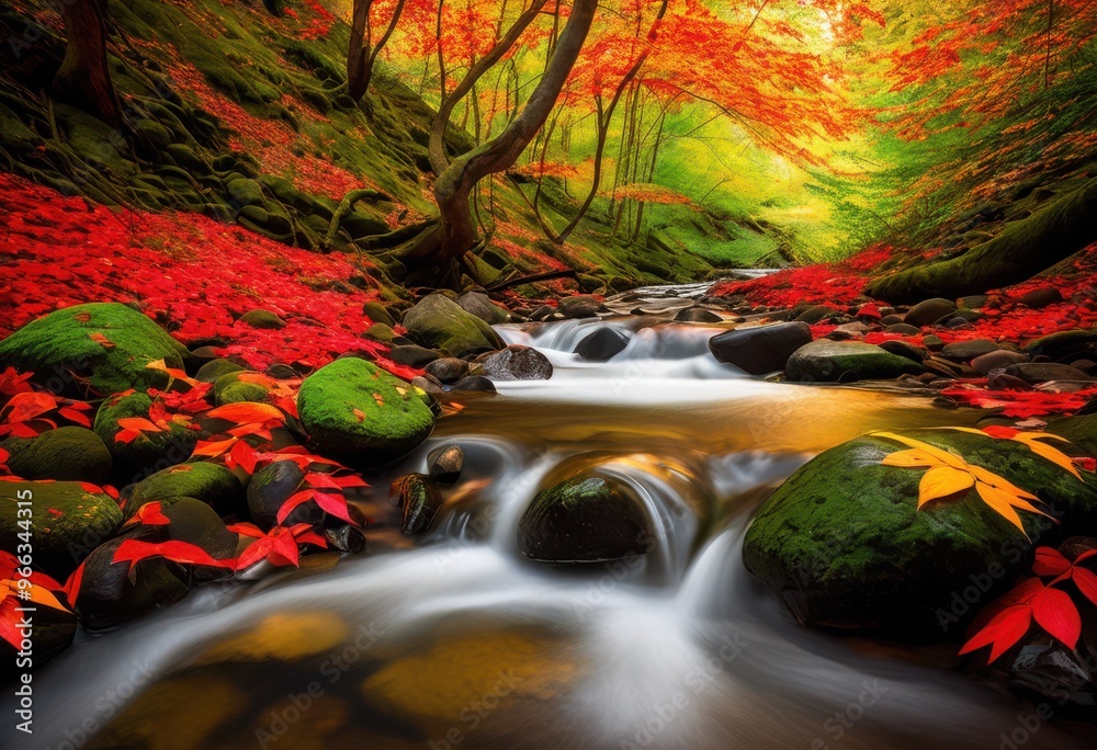 Fototapeta premium vibrant seasonal foliage showcasing diverse colors serene natural settings surrounded lush greenery tranquil environments, autumn, leaves, colorful, trees