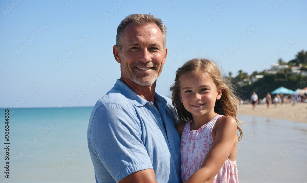 A father and daughter smile for the camera on a sunny beach day A father and daughter smile for the camera on a sunny beach day