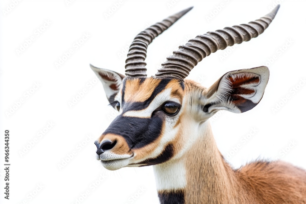Fototapeta premium regal blackbuck antelope stands tall, displaying its beautiful spiral horns and slender physique, set against an immaculate white background, capturing its grace and elegance.