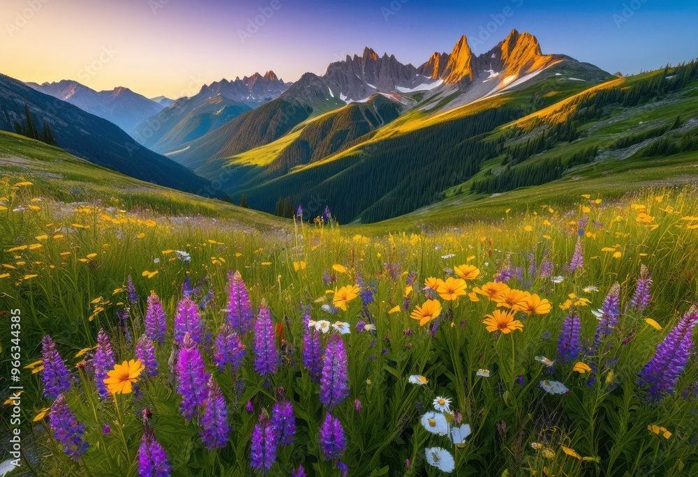 Obraz premium vibrant wildflower meadows showcasing breathtaking mountain views under clear blue sky, adventure, altitude, beauty, bloom, botanical, bright, colorful