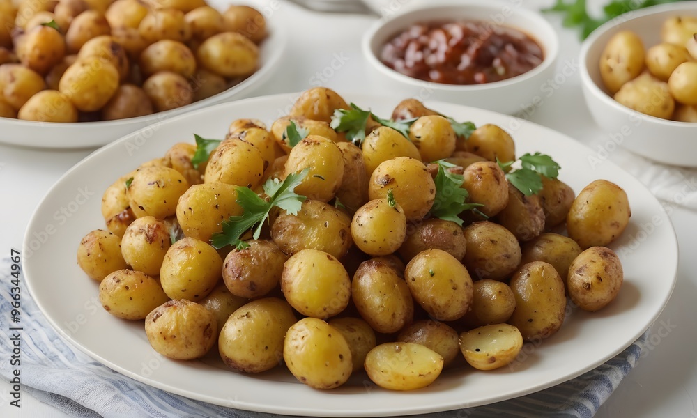 Homemade Crispy Fried Small Potatoes on Clean White Desk with Plate, Generative AI Homemade Crispy Fried Small Potatoes on Clean White Desk with Plate, Generative AI
