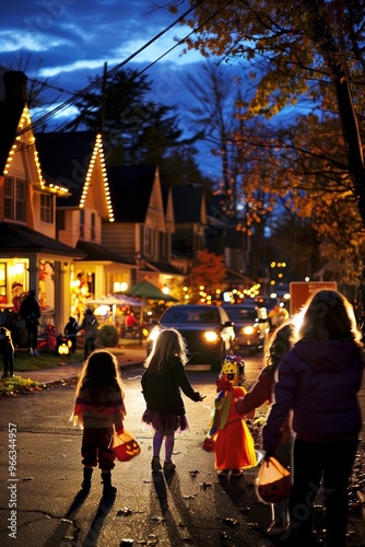 Friendly Neighborhood Halloween Gathering with Children in Costumes Collecting Candy and Playing Games