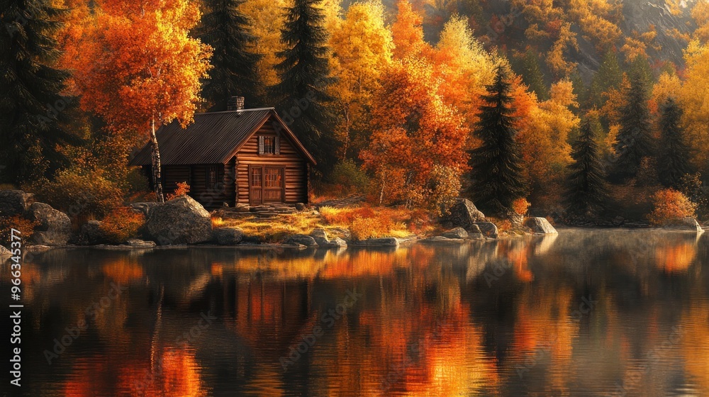 Autumn cabin by a lake, the water reflecting the vibrant trees and the cabin itself, creating a peaceful and serene scene Autumn cabin by a lake, the water reflecting the vibrant trees and the cabin itself, creating a peaceful and serene scene