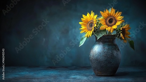   A vase holding yellow sunflowers perched on a blue table adjacent to a black wall in a dim room