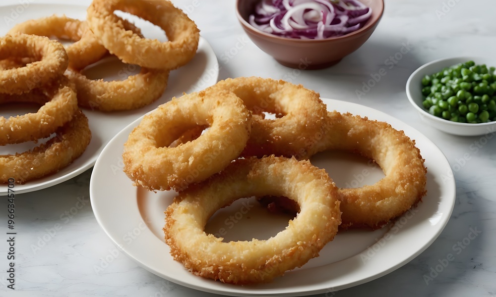 Delicious Homemade Onion Rings with Plate on White Desk, Generative AI Delicious Homemade Onion Rings with Plate on White Desk, Generative AI