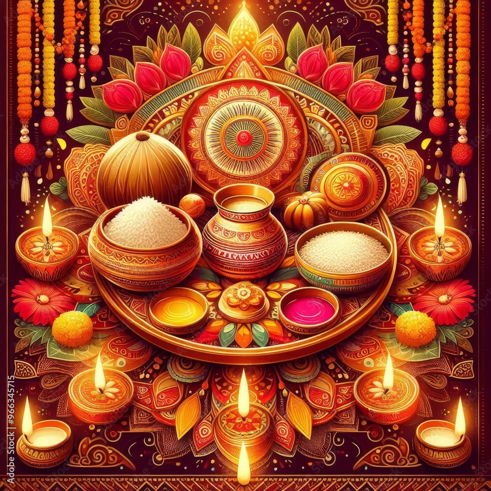 Festive Bhai Dooj Card with Pooja Thali and Rangoli Design Festive Bhai Dooj Card with Pooja Thali and Rangoli Design