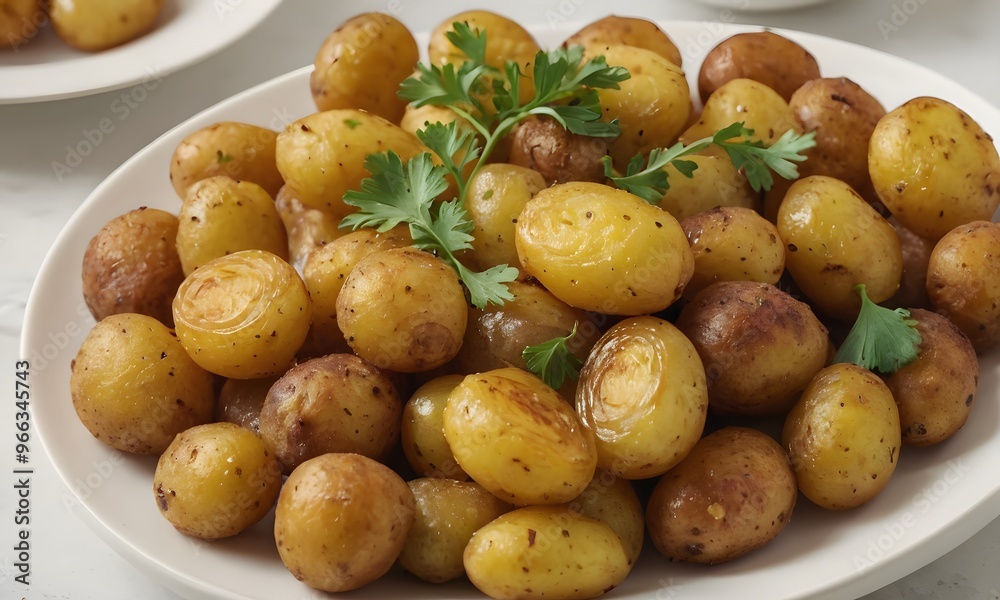 Freshly Made Fried Small Potatoes on Clean White Desk with Plate, Generative AI Freshly Made Fried Small Potatoes on Clean White Desk with Plate, Generative AI