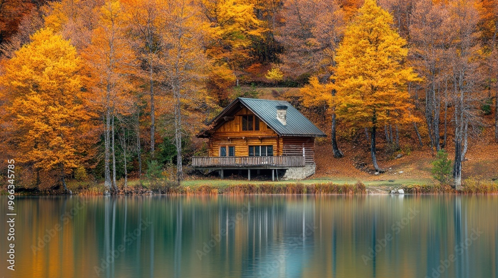 Autumn cabin by a lake, the water reflecting the vibrant trees and the cabin itself, creating a peaceful and serene scene Autumn cabin by a lake, the water reflecting the vibrant trees and the cabin itself, creating a peaceful and serene scene