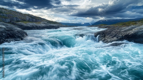 Waves of water of the river and the sea meet each other during high tide and low tide. Whirlpools of the maelstrom of Saltstraumen, Nordland, Norway 