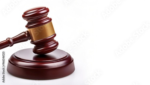 Law Legal System Justice Crime concept. Mallet Gavel judge Hammer, court house. Wooden judicial ceremonial , for passing sentences and bills or a signal to an end of an auction.  isolated on white