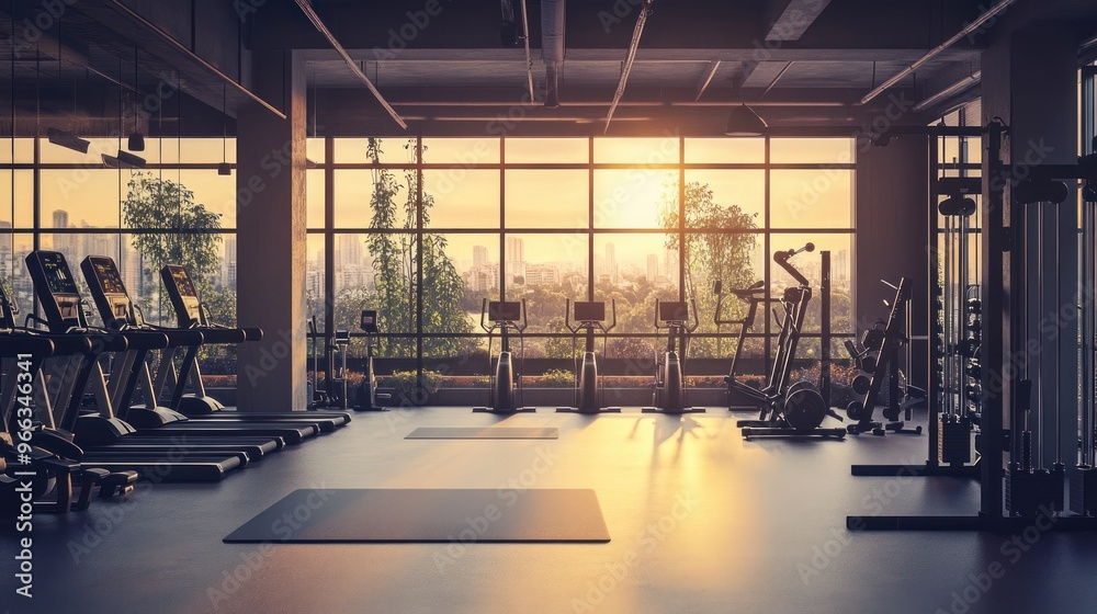 Modern Gym Interior with Sunset View Modern Gym Interior with Sunset View