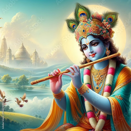 Lord Krishna playing flute under moonlight, divine Janmashtami celebration