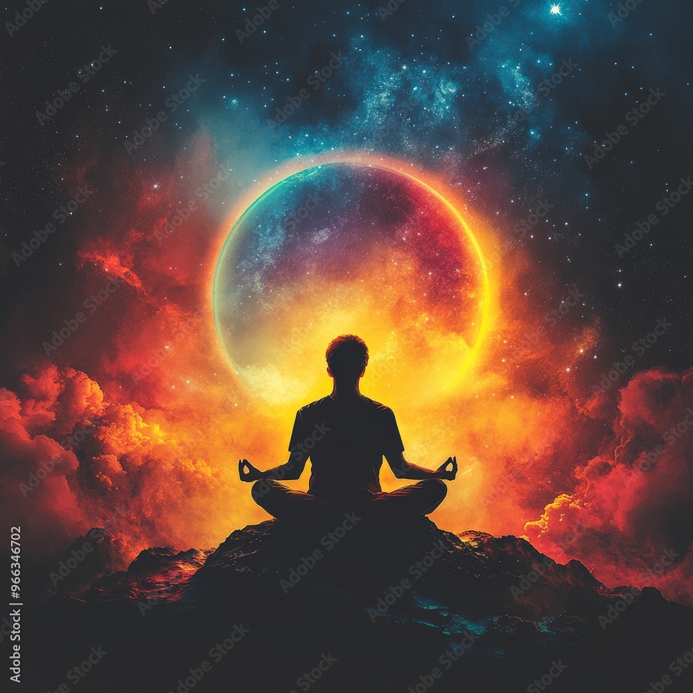 Meditation Silhouette Under Star-Filled Universe with Full Moon Meditation Silhouette Under Star-Filled Universe with Full Moon