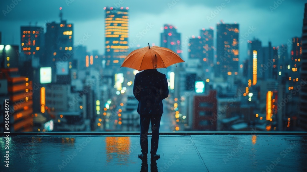 Obraz premium Lonely Figure with Orange Umbrella in Rainy Cityscape Generative AI