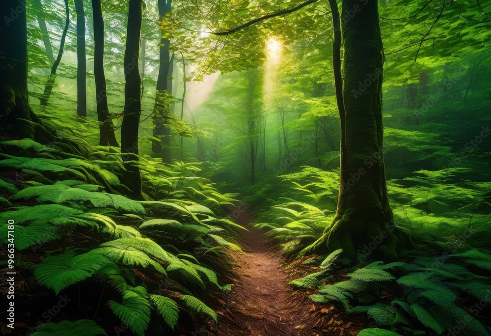 lush green forest landscape bathed soft sunlight vibrant colors rich textures creating serene nature scene, trees, greenery, illumination, leaves, outdoor lush green forest landscape bathed soft sunlight vibrant colors rich textures creating serene nature scene, trees, greenery, illumination, leaves, outdoor