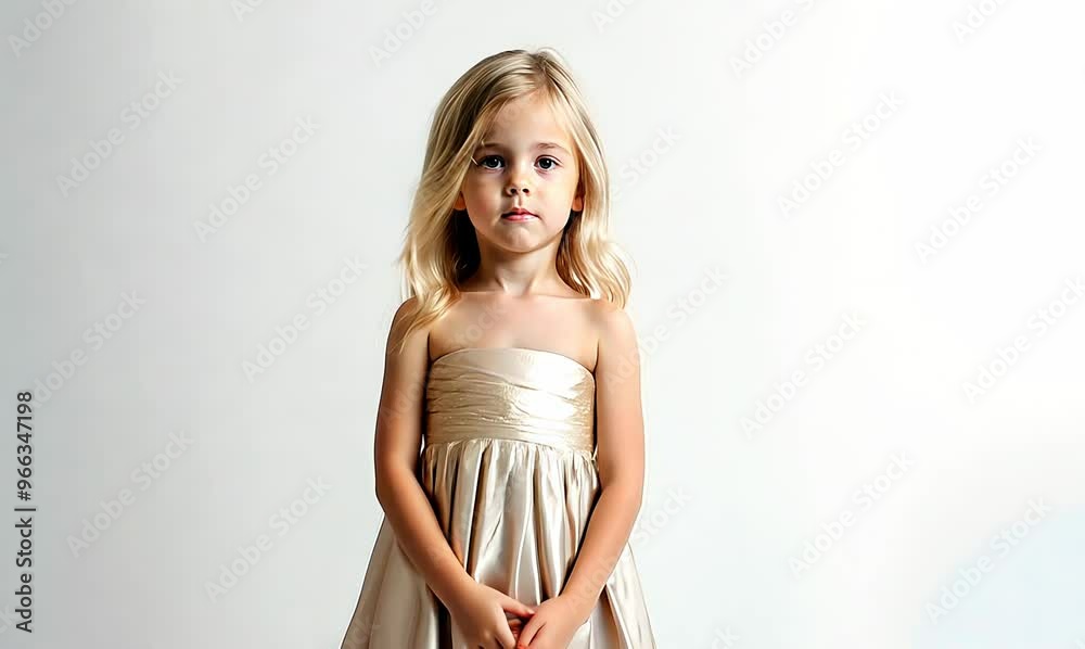 Portrait of a beautiful blonde girl in a long white dress.