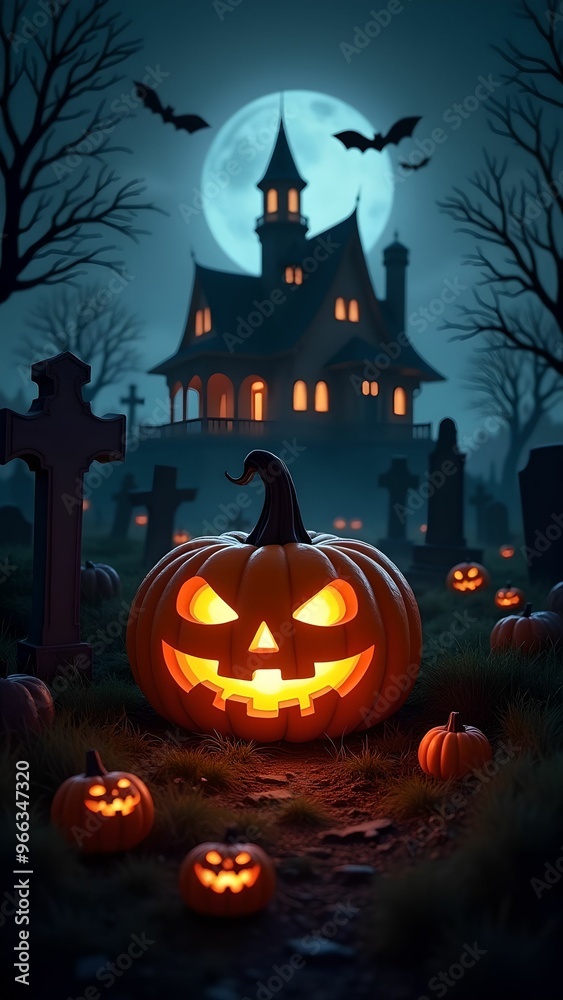 Halloween banner, jack o lantern and tombstones in spooky cemetery with haunted house and bats on Halloween night Halloween banner, jack o lantern and tombstones in spooky cemetery with haunted house and bats on Halloween night