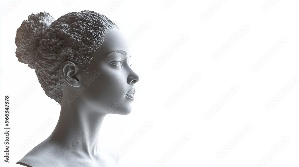 A hyper realistic 3D sculpture of womans bust, showcasing intricate details and serene expression. ceramic piece highlights beauty of human form with focus on texture and light. A hyper realistic 3D sculpture of womans bust, showcasing intricate details and serene expression. ceramic piece highlights beauty of human form with focus on texture and light.