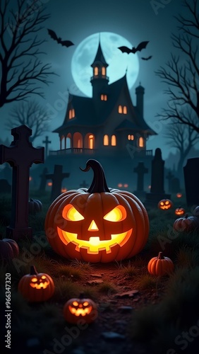 Halloween banner, jack o lantern and tombstones in spooky cemetery with haunted house and bats on Halloween night photo