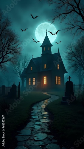 Halloween banner, jack o lantern and tombstones in spooky cemetery with haunted house and bats on Halloween night photo