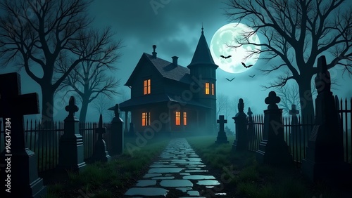 Halloween banner, jack o lantern and tombstones in spooky cemetery with haunted house and bats on Halloween night photo