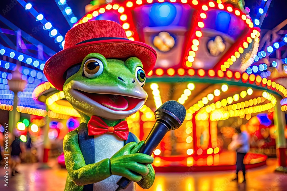 A cheerful green frog wearing a bright red hat and holding a microphone stands in front of a colorful, neon-lit amusement park background at night. A cheerful green frog wearing a bright red hat and holding a microphone stands in front of a colorful, neon-lit amusement park background at night.