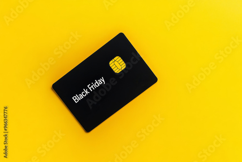 A black credit card with "Black Friday" text, laid out on a contrasting yellow background for a bold and modern look.