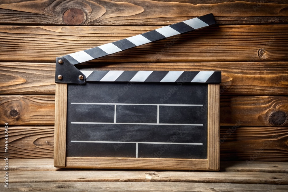 Fototapeta premium A classic film slate, with a blackboard surface and bright white chalk markings, rests on a wooden or metallic holder, awaiting scene details to be written.