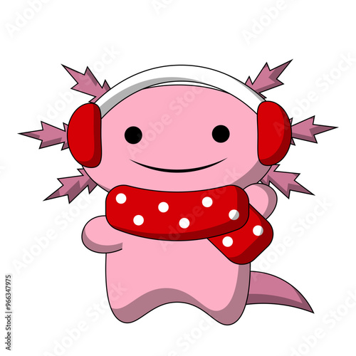 Christmas cute cartoon Axolotl with headphones in color