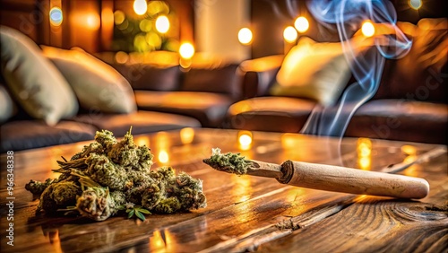 A close-up of a lit blunt surrounded by scattered marijuana leaves and ashes on a worn, wooden coffee table in a dimly lit living room. photo