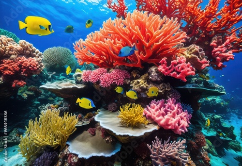 vibrant coral ecosystem showcasing diverse marine life colorful coral underwater flora lively ocean environment, reef, biodiversity, species, aquatic, wildlife