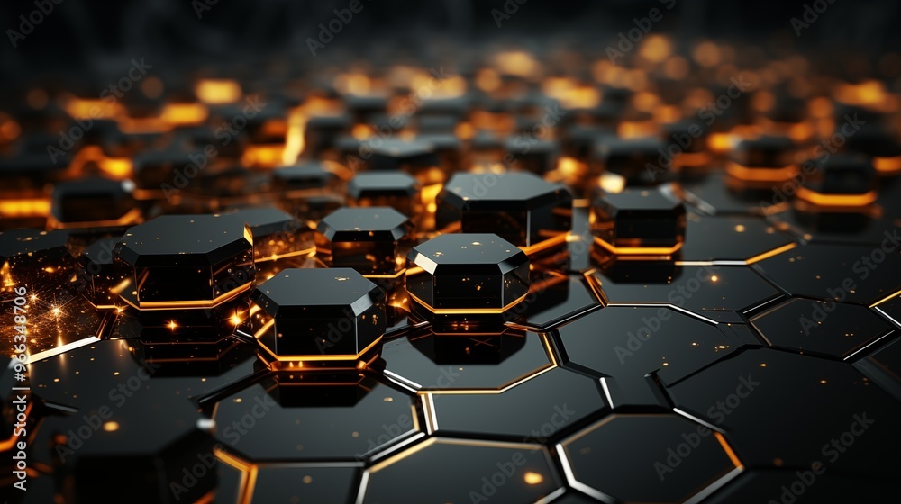 Fototapeta premium black hexagonal background with yellow hexagons with gold lines.