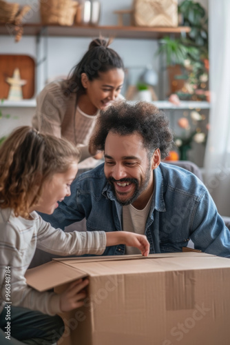 Family Unwrapping New TV Stand Together - Modern Living Room, Holiday Celebration, Stock Photography