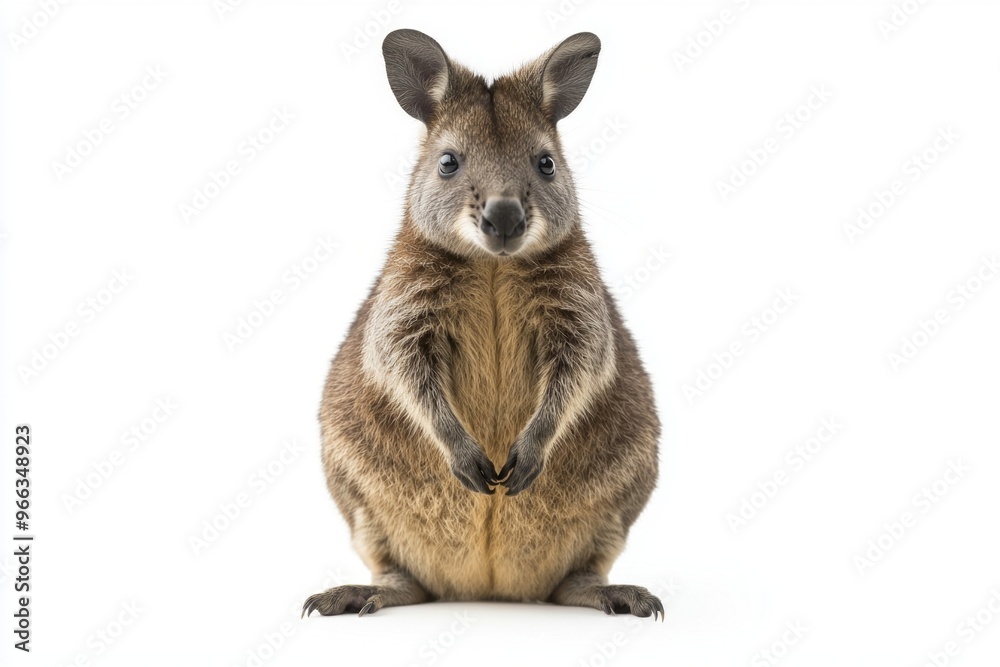 Fototapeta premium dusky pademelon sits upright, highlighting its charming round body and short limbs, creating a delightful contrast against the clean white background.