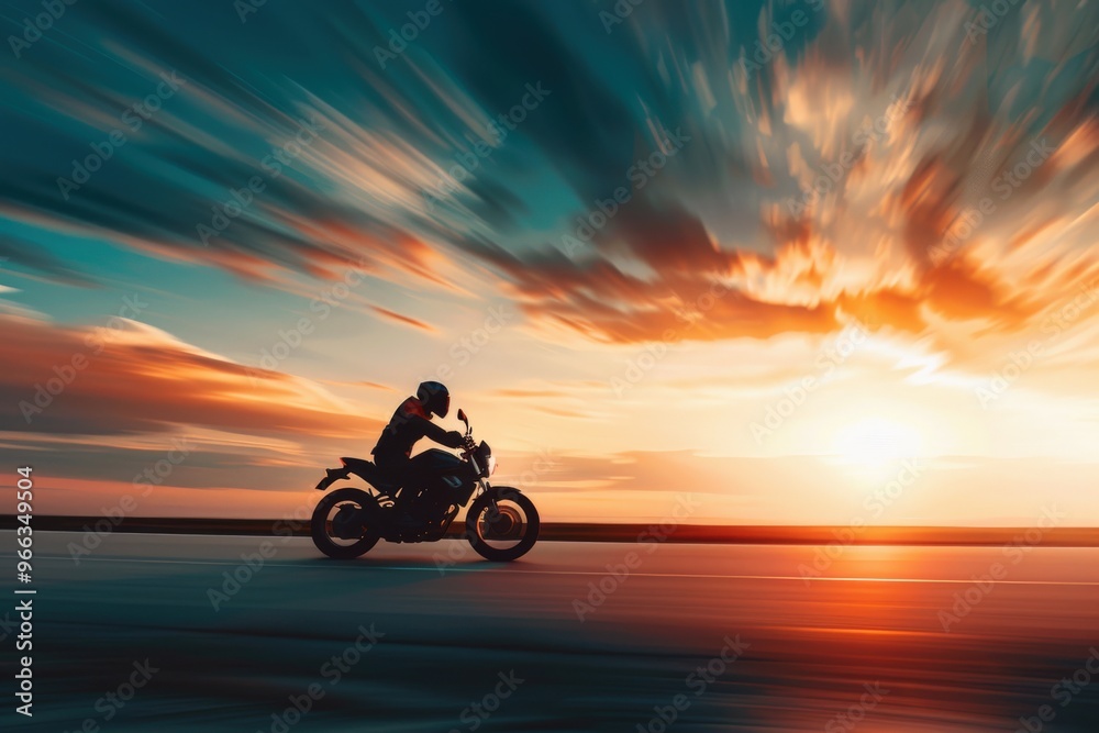 Fototapeta premium Two motorcyclists ride down a road at sunset, generative ai image