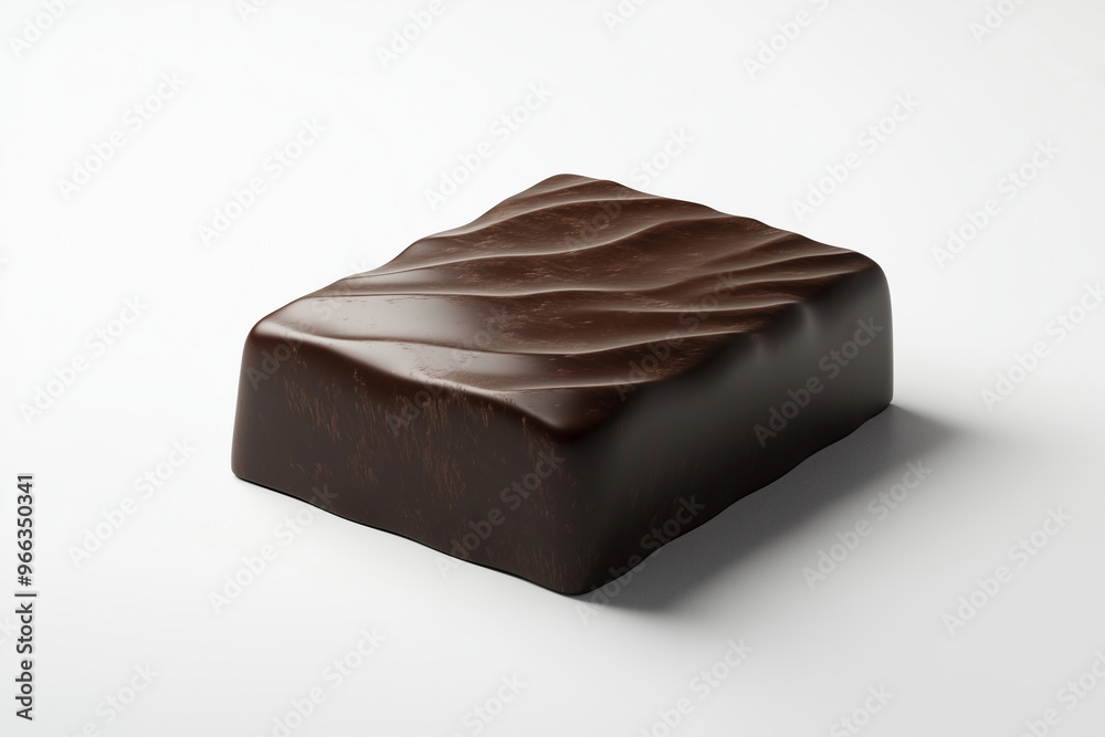 Smooth dark chocolate square piece with wavy texture on a white background Smooth dark chocolate square piece with wavy texture on a white background