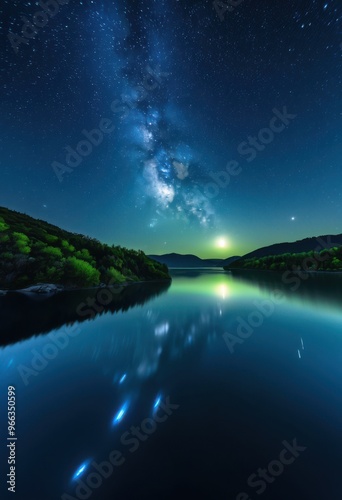 serene moonlit landscape tranquil water reflections under starry sky, night, stars, nature, scenery, illumination, beauty, view, pond, trees, light, dusk