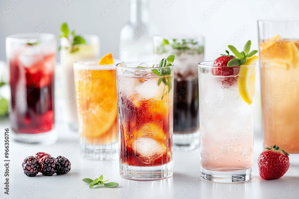 Refreshing mixed beverages in clear glasses with ice, fruits, and herbs Refreshing mixed beverages in clear glasses with ice, fruits, and herbs