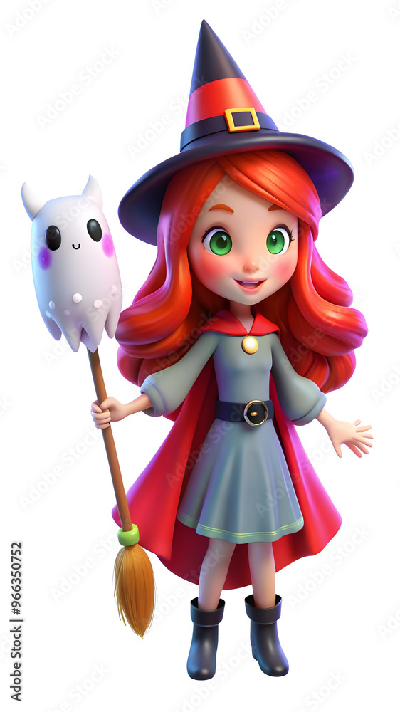 3d Little witch with broom, Happy Halloween holiday. 3d Little witch with broom, Happy Halloween holiday.