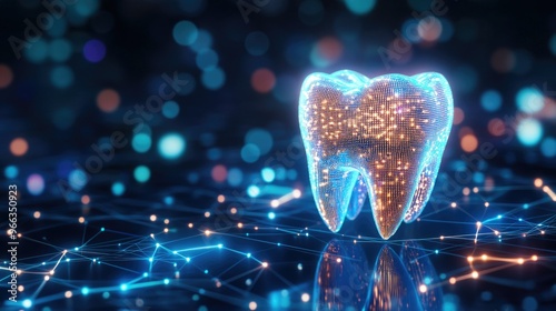 Digital rendering of a molar tooth depicted as a glowing, blue wireframe structure against a dark, networked background with illuminated nodes