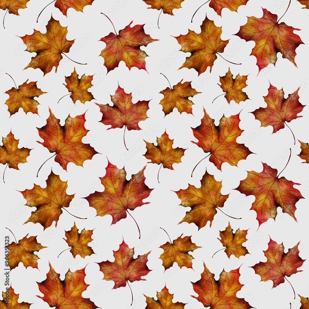 Fototapeta premium Colorful autumn leaves scattered against a light background in a repeating pattern