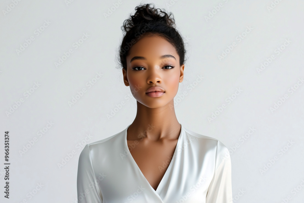 Studio portrait of young Black woman with a bun, confident and elegant in white outfit Studio portrait of young Black woman with a bun, confident and elegant in white outfit