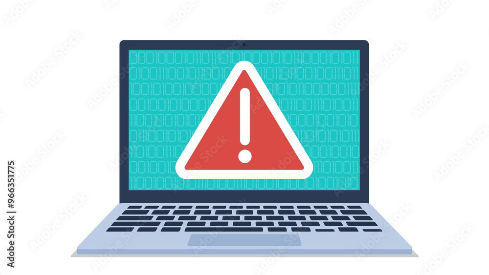 Exclamation mark on laptop screen. Behind the exclamation mark is ...