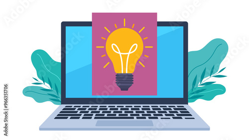 A laptop screen with a purple document on it and a glowing light bulb. The light bulb represents an idea and a way to solve a problem. Flat design illustration. 