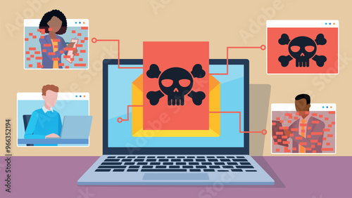 Laptop on desk hacked by virus message. Virus infects tiles and other employees' computers by taking over their connection. Flat design vector
