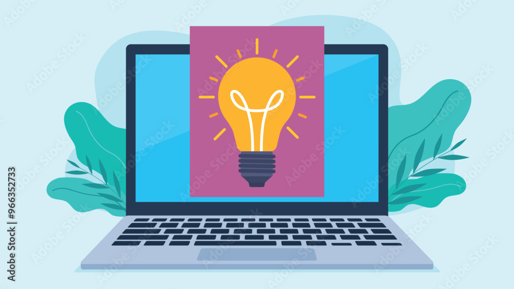 A laptop screen with a purple document on it and a glowing light bulb. The light bulb represents an idea and a way to solve a problem. Flat design vector A laptop screen with a purple document on it and a glowing light bulb. The light bulb represents an idea and a way to solve a problem. Flat design vector