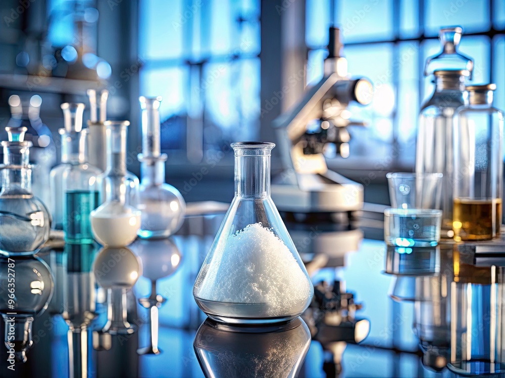 A delicate glass vial filled with a crystalline powder, resting on a laboratory countertop, surrounded by various scientific equipment and instruments, evoking a sense of research and discovery. A delicate glass vial filled with a crystalline powder, resting on a laboratory countertop, surrounded by various scientific equipment and instruments, evoking a sense of research and discovery.